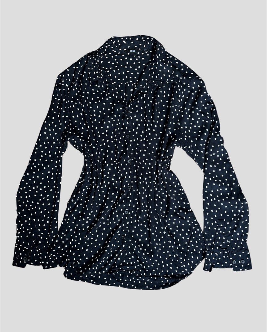 Uniqlo Polka Dot Blouse - Size L (Category: Blouses) located in Manila. Submitted by _theselection.ph (Listing ID 1433514429, Image 1). Description: Uniqlo polka dot blouse, size L. Long sleeves, button-down, cinched waist. Lightweight fabric..