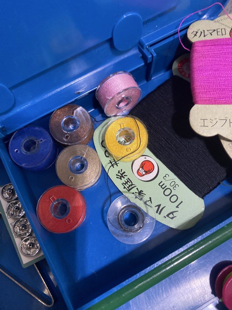 Vintage Sewing Kit with Accessories (Category: Craft Supplies & Tools) located in Marikina City. Submitted by myprelovedcollectibles (Listing ID 1433416459, Image 3). Description: - Vintage sewing kit - Blue plastic case - Includes: - Spools of thread (various colors) - Needles - Bobbins - Seam ripper - Measuring tape - Zipper - Needle threader - Pencil - Complete set for basic sewing needs..