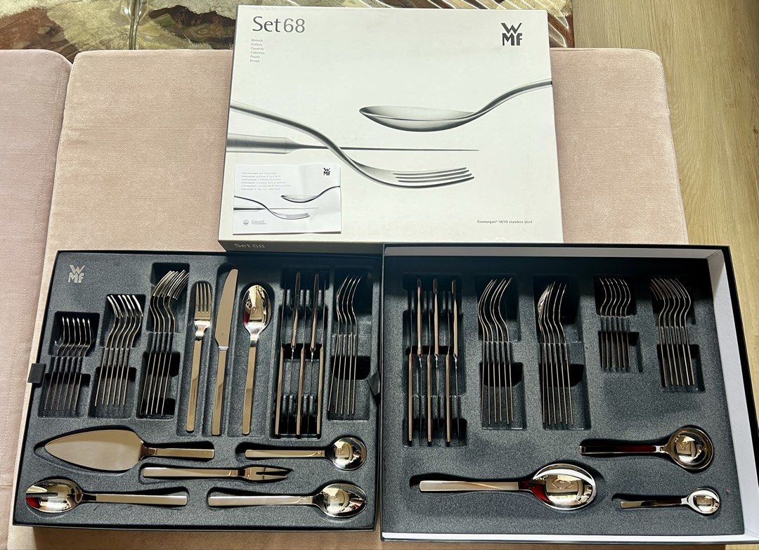 WMF Set 68 Stainless Steel Cutlery Set (Category: Dinnerware & Cutlery) located in Quezon City. Submitted by jadeandjacob (Listing ID 1433459274, Image 2). Description: - WMF Set 68 cutlery set designed by Jette Joop. - Made of durable Cromargan 18/10 stainless steel. - Dishwasher safe for easy cleaning. - Set includes: - Table spoons, forks, and knives - Teaspoons and cake forks - Salad cutlery set - Serving spoons, sauce spoons, and serving for