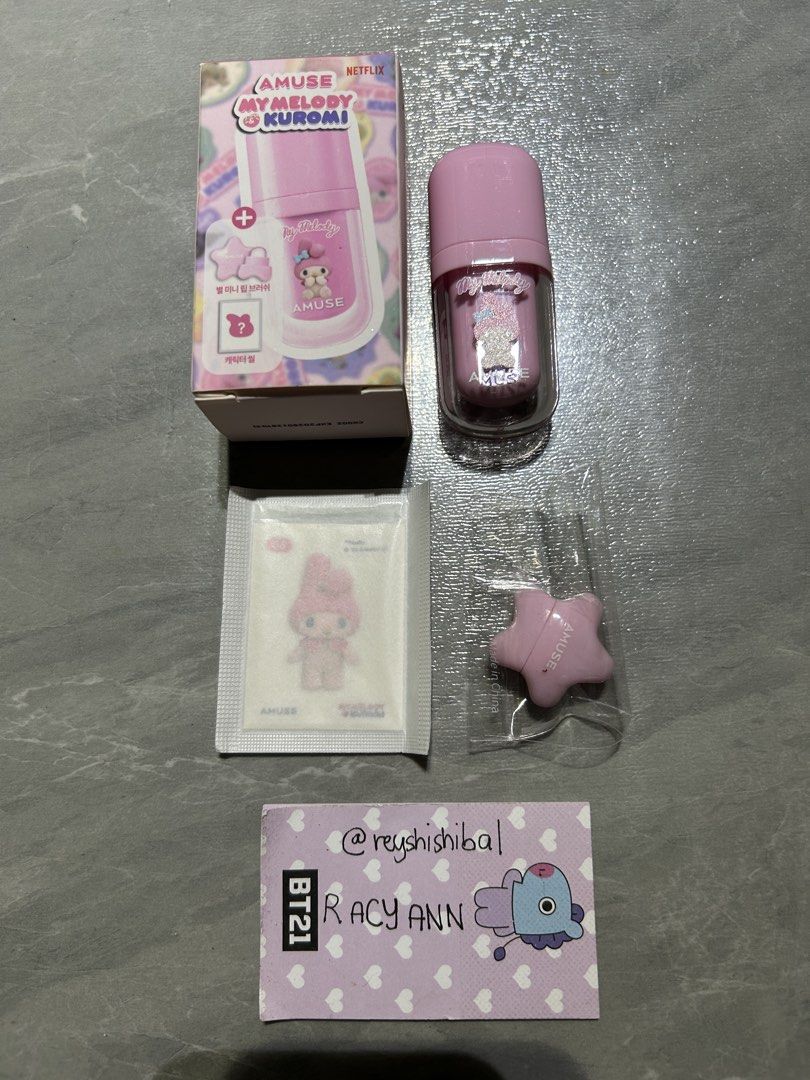 Amuse my melody kuromi collab liptint (Category: Makeup) located in Rizal. Submitted by reyshishibal (Listing ID 1425319943, Image 2). Description: SHADE: 11 Vanilla Apricot - brandnew and sealed - can send video condi - with card included - authentic official, scan the barcode to check authenticity - est sf if jnt: around 50 only ✅installment (original price+ 100) in 2 months.