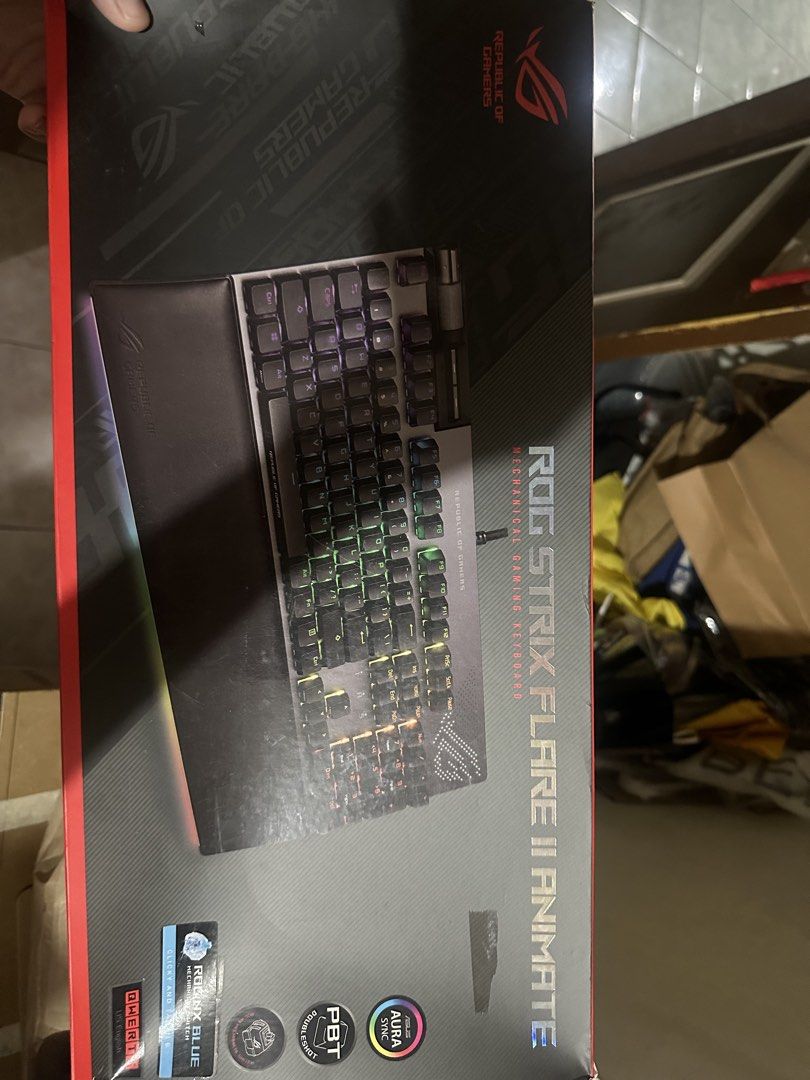 ASUS ROG Strix Flare II Animate Mechanical Keyboard (Category: Computer Keyboard) located in Manila. Submitted by steckkxiom66394 (Listing ID 1433758912, Image 3). Description: - ASUS ROG Strix Flare II Animate mechanical gaming keyboard - Customizable RGB lighting - Detachable wrist rest - Durable PBT keycaps - Aura Sync support - Convenient volume roller and media controls - Box includes features and specifications.