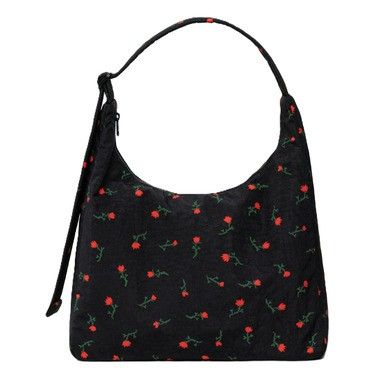Baggu Nylon shoulder bag in Wildflower (Category: Shoulder Bags) located in Angeles City. Submitted by marjorieangeles (Listing ID 1433691906, Image 1). Description: Barely used - Black shoulder bag - Floral pattern with red roses and green stems - Crescent/hobo shape - Single shoulder strap - Zippered closure - Soft, possibly corduroy-like material -With key clasp inside -Very Spacious can fit an Ipad 10th gen.