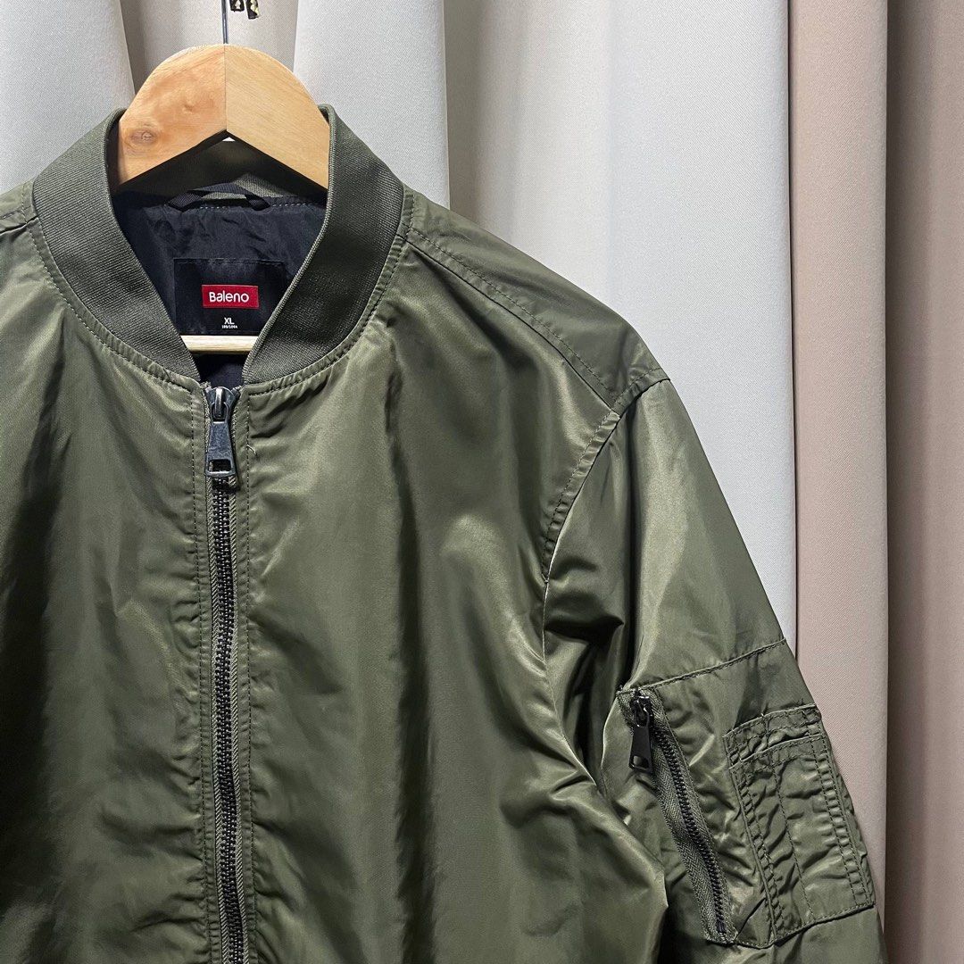BALENO Bomber Jacket (Olive Green) (Category: Coats, Jackets and Outerwear) located in Bulacan. Submitted by ishrm (Listing ID 1433781509, Image 2). Description: XL on Tag No issue L - 28in W - 22.5in Shoulders - 20.5in Sleeves - 27in description: -2 side pockets -2 inner pockets -sleeve pocket MOD: J&T MOP: GCash only (Payment first).