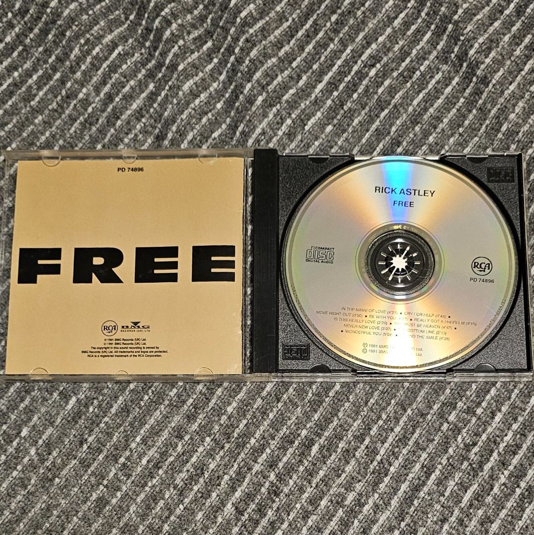 🌟[CD Album] Rick Astley – Free (1991) (Category: CDs & DVDs) located in Singapore. Submitted by strangecell (Listing ID 1433730773, Image 2). Description: Many more Various Genres: https://www.carousell.sg/p/1253907759 Electronic Dance, EDM, DJ Mix: https://carousell.com/p/1035784902 Easy Listening, Funk Soul, Lounge, Jazz, New Age, Chill-out: https://carousell.com/p/1028943398 ************************************** Self-collect at Area Serangoo