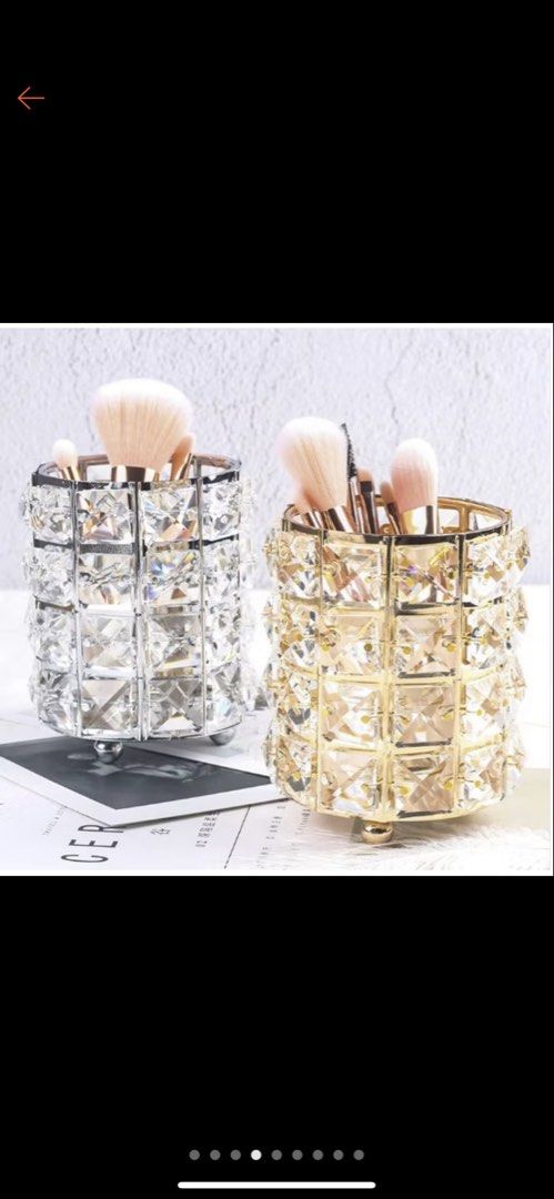 Crystal Makeup Brush Holder (Category: Makeup) located in Manila. Submitted by wiillll (Listing ID 1433781860, Image 3). Description: - Available gold 3pieces - Made of crystal and iron - Size: 12x8cm - Perfect for makeup brushes, eyebrow pencils, and lipsticks - Adds a touch of elegance to your vanity - Great for home decor or as a wedding prop.