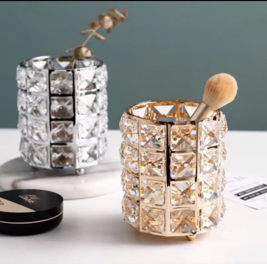 Crystal Makeup Brush Holder (Category: Makeup) located in Manila. Submitted by wiillll (Listing ID 1433781860, Image 1). Description: - Available gold 3pieces - Made of crystal and iron - Size: 12x8cm - Perfect for makeup brushes, eyebrow pencils, and lipsticks - Adds a touch of elegance to your vanity - Great for home decor or as a wedding prop.