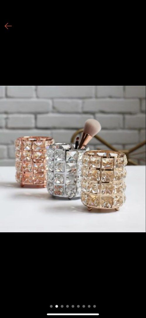 Crystal Makeup Brush Holder (Category: Makeup) located in Manila. Submitted by wiillll (Listing ID 1433781860, Image 2). Description: - Available gold 3pieces - Made of crystal and iron - Size: 12x8cm - Perfect for makeup brushes, eyebrow pencils, and lipsticks - Adds a touch of elegance to your vanity - Great for home decor or as a wedding prop.
