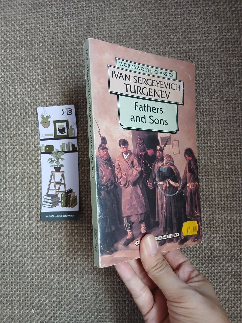 Fathers and Sons by Ivan Turgenev (Category: Storybooks) located in Tarlac. Submitted by therecluse.bibliophileph (Listing ID 1433657049, Image 1). Description: - Fathers and Sons by Ivan Turgenev - Wordsworth Classics edition - Includes a bookmark - Features a cover illustration - Visible price tag on the cover.