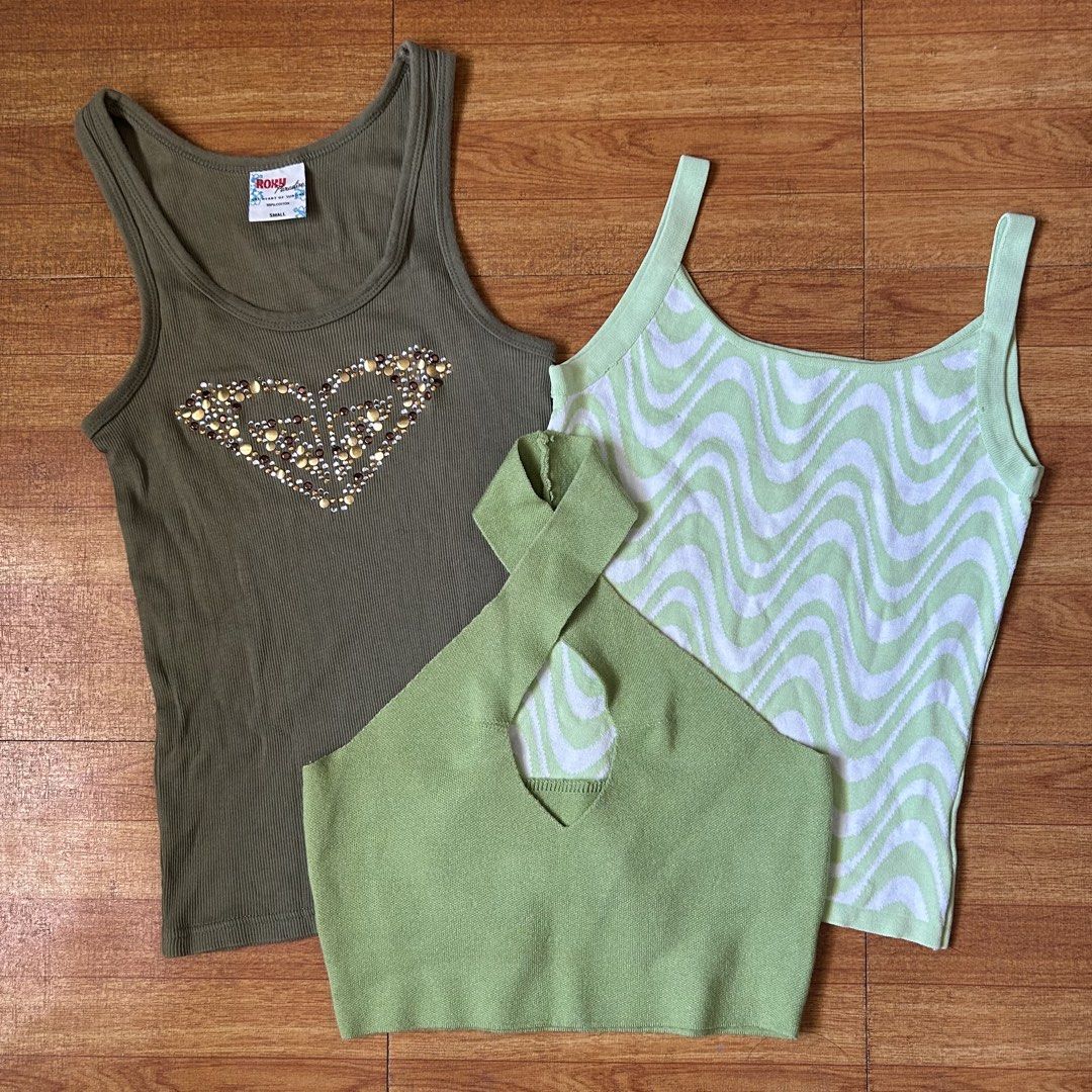 [for take all] bundle of 3! assorted green tops: roxy, etc. (Category: Sleeveless) located in Cavite. Submitted by deeclutter___ (Listing ID 1433628243, Image 1). Description: ⋆˙⟡ 𝗿𝗼𝘅𝘆 𝗮𝗿𝗺𝘆 𝗴𝗿𝗲𝗲𝗻 𝘁𝗮𝗻𝗸 𝘁𝗼𝗽: size s ⋆˙⟡ 𝘄𝗮𝘃𝘆 𝗽𝗿𝗶𝗻𝘁 𝘁𝗼𝗽: size xs - s ⋆˙⟡ 𝐜𝐫𝐢𝐬𝐬 𝐜𝐫𝐨𝐬𝐬 𝐡𝐚𝐥𝐭𝐞𝐫 𝐭𝐨𝐩 (𝐤𝐞𝐲𝐡𝐨𝐥𝐞 𝐧𝐞𝐜𝐤𝐥𝐢𝐧𝐞): size xs - s — used once or twice only rfs: decluttering 💳: gcash or bpi bank transfer 📦: j