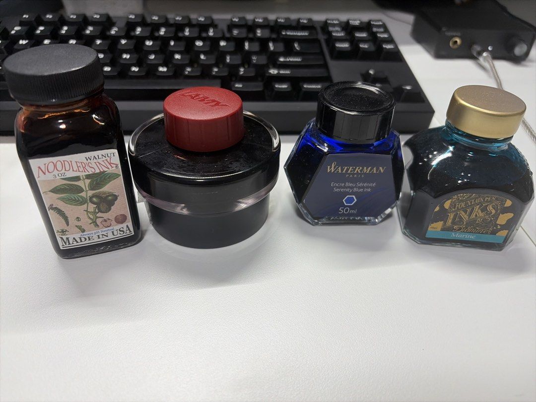 Fountain Pen Inks - Noodler's, Lamy, Waterman, and Diamine (Category: Other Stationery & Craft) located in Singapore. Submitted by hightyre (Listing ID 1433653119, Image 1). Description: Noodlers walnut(~90%) - $15 (sold) Lamy Sepia (~95%) - $15 Waterman serenity blue (~60%) - $8 (sold) Diamine Marine (~80%) - $8 (sold) no boxes at all :(, dm me if you have any questions!.