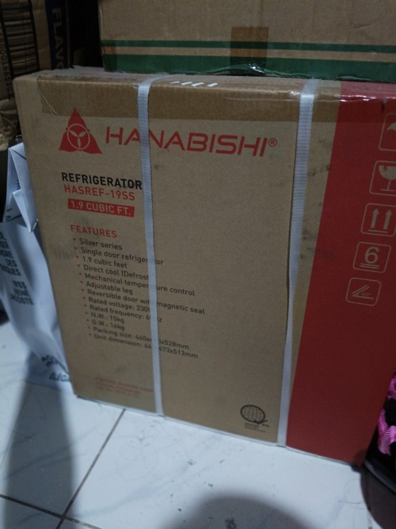 Hanabishi Refrigerator HASREF-19SS 1.9 cu.ft. (Category: Refrigerators and Freezers) located in San Fernando. Submitted by artemisolshop_0704 (Listing ID 1433623952, Image 1). Description: - Hanabishi HASREF-19SS Refrigerator - Single-door design - 1.9 cubic feet capacity - Stylish silver series - Direct cool defrost - Mechanical temperature control - Adjustable leg - Reversible door with magnetic seal - 230V, 60Hz - Net weight: 15kg, Gross weigh