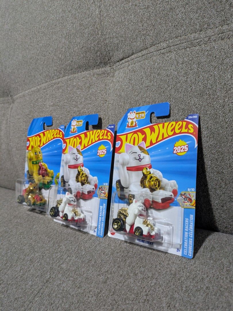 Hot Wheels Celebration Racer 2025 (Category: Vehicle & Diecast Models) located in Manila. Submitted by neo921 (Listing ID 1433736832, Image 3). Description: Sold each. 450 if take all. Buyer pays delivery fee. - Hot Wheels Celebration Racer diecast cars - Features a lucky cat design - Includes multiple cars - All cars are in original packaging - From the 2025 series - Perfect for collectors - Each car has a unique design and color.