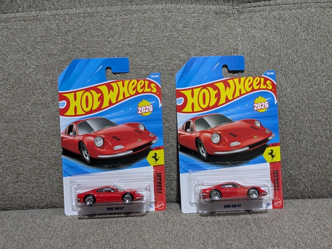 Hot Wheels Ferrari Dino 206 GT (Category: Vehicle & Diecast Models) located in Manila. Submitted by neo921 (Listing ID 1433734787, Image 1). Description: Sold each. 450 if take all. Buyer pays delivery fee. - Hot Wheels Ferrari Dino 206 GT diecast car - Color: Red - Comes in original packaging - Packaging year: 2026 - Part of the Hot Wheels collection - Features the Ferrari logo.