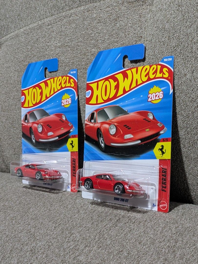 Hot Wheels Ferrari Dino 206 GT (Category: Vehicle & Diecast Models) located in Manila. Submitted by neo921 (Listing ID 1433734787, Image 3). Description: Sold each. 450 if take all. Buyer pays delivery fee. - Hot Wheels Ferrari Dino 206 GT diecast car - Color: Red - Comes in original packaging - Packaging year: 2026 - Part of the Hot Wheels collection - Features the Ferrari logo.