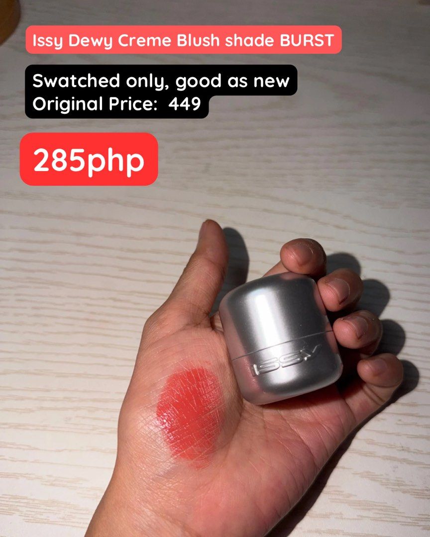 Issy & Co. Dewy Creme Blush - Burst (Category: Makeup) located in Manila. Submitted by anncaranto97296 (Listing ID 1433691274, Image 1). Description: - Issy & Co. Dewy Creme Blush in Burst (red-orange shade) - Selling Price: 285 PHP (Original Price: 449 PHP).