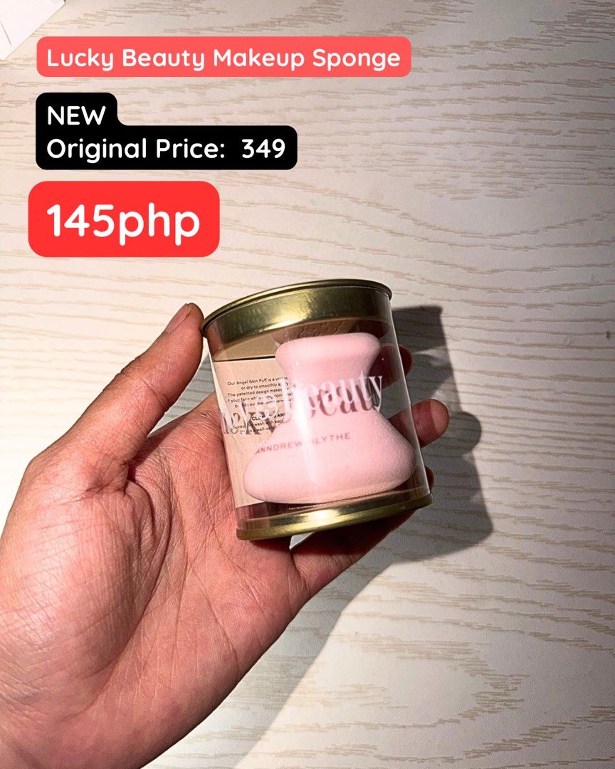 Lucky Beauty Makeup Sponge (Category: Makeup) located in Manila. Submitted by anncaranto97296 (Listing ID 1433692872, Image 1). Description: - New Lucky Beauty makeup sponge - Selling for 145php (Original price: 349php) - Pink sponge - Comes in a clear plastic container with a gold rim - Brand name visible on the sponge - Perfect for flawless makeup application.