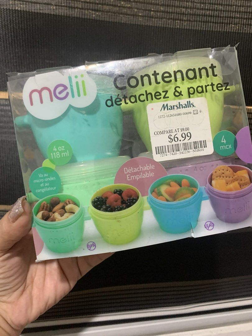 Melii Detachable Food Containers (Category: Weaning & Toddler Feeding) located in Manila. Submitted by yangrbls (Listing ID 1433774456, Image 1). Description: - Melii food containers for snacks. - Set includes 4 containers. - Each container holds 4 oz (118 ml). - Detachable and stackable for easy storage. - Microwave and freezer safe. - Originally ₱500, now ₱390!.