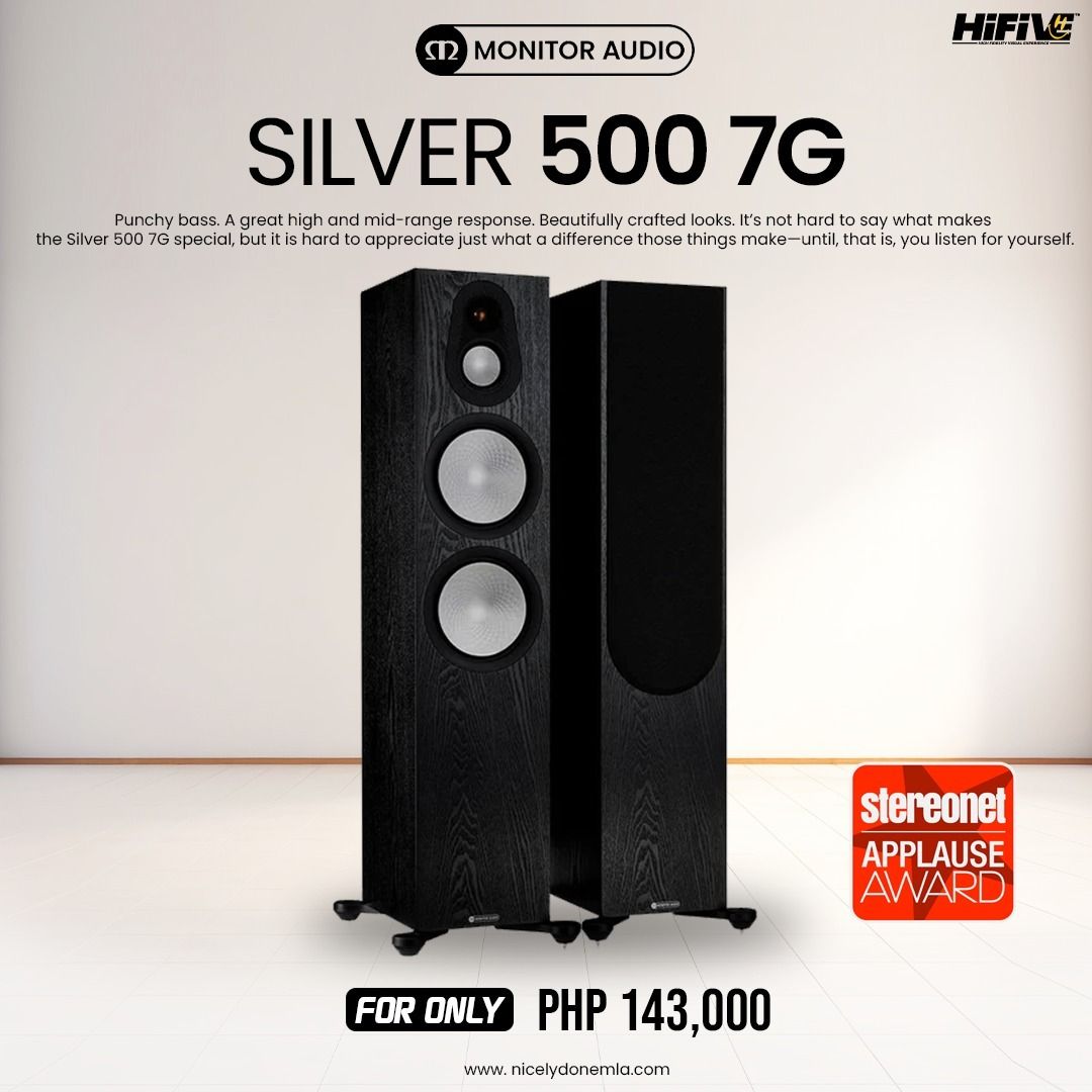 Monitor Audio (Category: Soundbars, Speakers & Amplifiers) located in Quezon City. Submitted by hifivebynicelydone (Listing ID 1433594370, Image 1). Description: Big, bold, and beautifully detailed sound. The Monitor Audio Silver 500 7G floorstanding speakers deliver punchy bass, rich mids, and crisp highs—perfect for immersive music listening and home theater setups. Premium design meets award-winning performance. 👉Message us to inquire, schedu