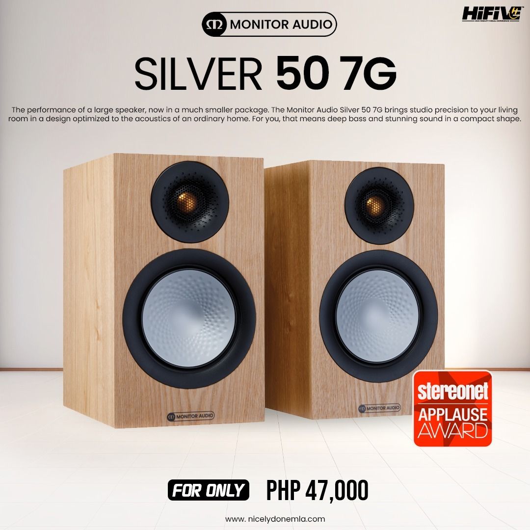 Monitor Audio Silver 50 7G (Category: Soundbars, Speakers & Amplifiers) located in Quezon City. Submitted by hifivebynicelydone (Listing ID 1433593418, Image 1). Description: Bring big sound into a compact space with the Monitor Audio Silver 50 7G 🔊✨ Enjoy deep bass, crystal-clear highs, and studio-quality detail—perfectly tuned for modern living rooms. Small size, powerful performance. Ideal for music lovers and home audio enthusiasts who want 