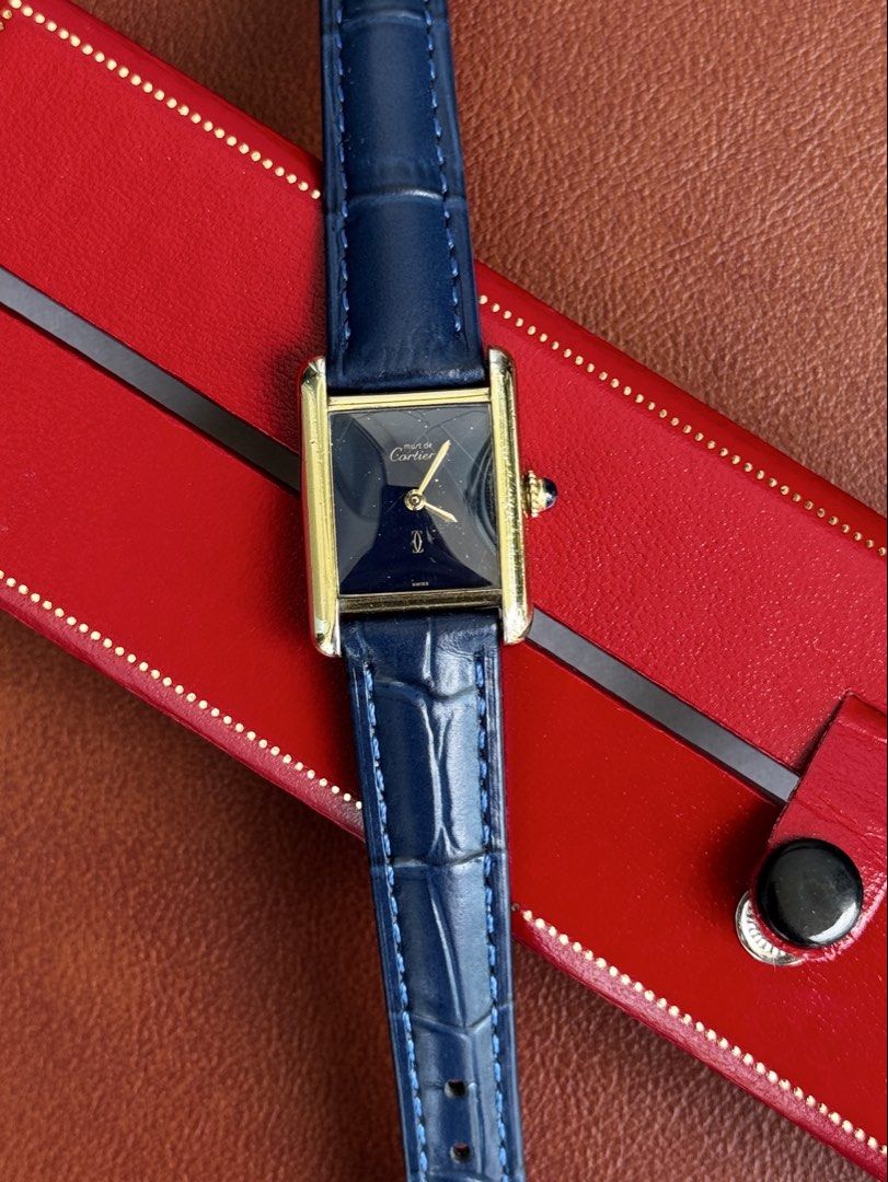 Must de Cartier Tank Blue Lacquer Dial (Category: Luxury Watches) located in Quezon City. Submitted by mjgorobat15 (Listing ID 1416919318, Image 1). Description: Must de Cartier Tank Blue Lacquer Dial •Model: Must de Cartier •Year 1980s •Movement: Manual Wind •Case: Gold plated, Vermeil 925 silver •Case size: 20mm x 28mm •Service History: January 2026 •Bracelet: New leather strap with original Cartier buckle •Inclusions: Watch only •Condition: 9/
