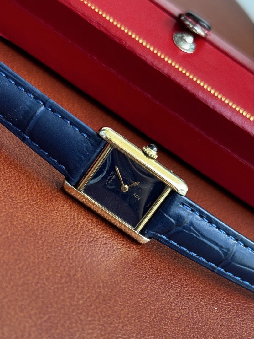 Must de Cartier Tank Blue Lacquer Dial (Category: Luxury Watches) located in Quezon City. Submitted by mjgorobat15 (Listing ID 1416919318, Image 3). Description: Must de Cartier Tank Blue Lacquer Dial •Model: Must de Cartier •Year 1980s •Movement: Manual Wind •Case: Gold plated, Vermeil 925 silver •Case size: 20mm x 28mm •Service History: January 2026 •Bracelet: New leather strap with original Cartier buckle •Inclusions: Watch only •Condition: 9/