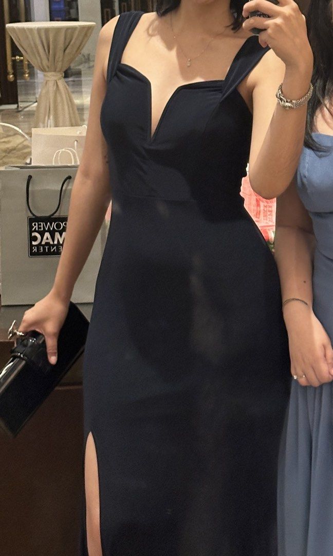 Navy Blue Evening Dress with Slit (Category: Evening dresses & gowns) located in Mandaluyong City. Submitted by tenohthree (Listing ID 1433642686, Image 2). Description: You can wear the sleeves in 3 different ways. Lining is a nice satin pink. High slit on the side, fitted silhouette, crease free fabric! Fits S-M. For your reference, i’m 5’7” 34-27-40 Wedding guest dress, formal wear, evening gown.