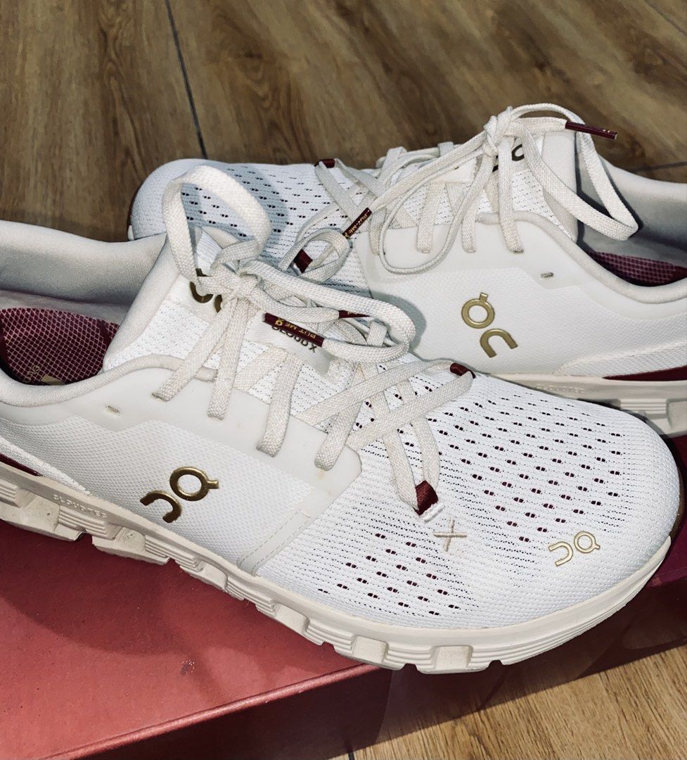 On Cloud X 4 Pearl Ivory Running Shoes (Category: Sneakers) located in Manila. Submitted by jamesdabeanstalk (Listing ID 1433710975, Image 1). Description: - On Cloud X 4 running shoes - Color: Pearl Ivory - Breathable mesh upper - CloudTec sole for cushioning - Sleek design with gold accents - Burgundy interior - Comes with original box - Perfect for running and everyday wear.