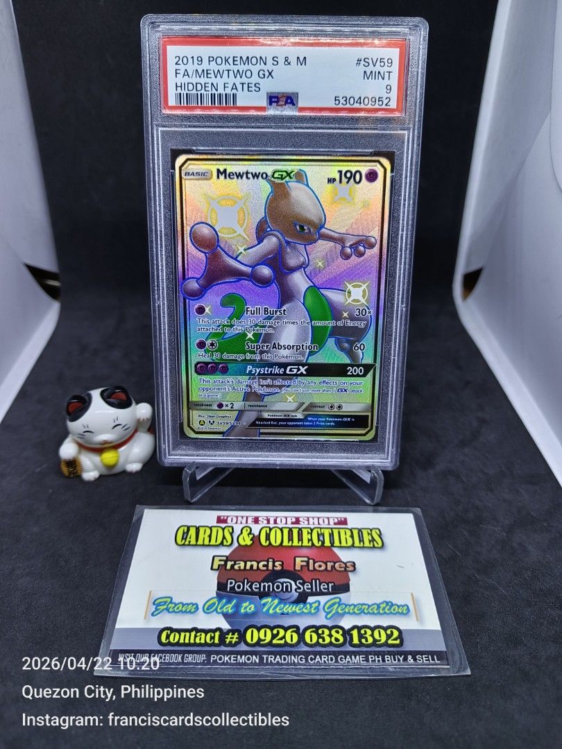 Pokemon Card - PSA 9 MEWTWO # SV59 - FULL ART (SUN & MOON: HIDDEN FATES) YEAR 2019 (Category: Raw Singles) located in Quezon City. Submitted by 710francis (Listing ID 1433597711, Image 1). Description: *8,388 Pesos *SUN & MOON: HIDDEN FATES / YEAR 2019 *PSA 9 (MINT) *MEWTWO # SV59 - FULL ART *JUST MESSAGE FOR MORE INQUIRIES....