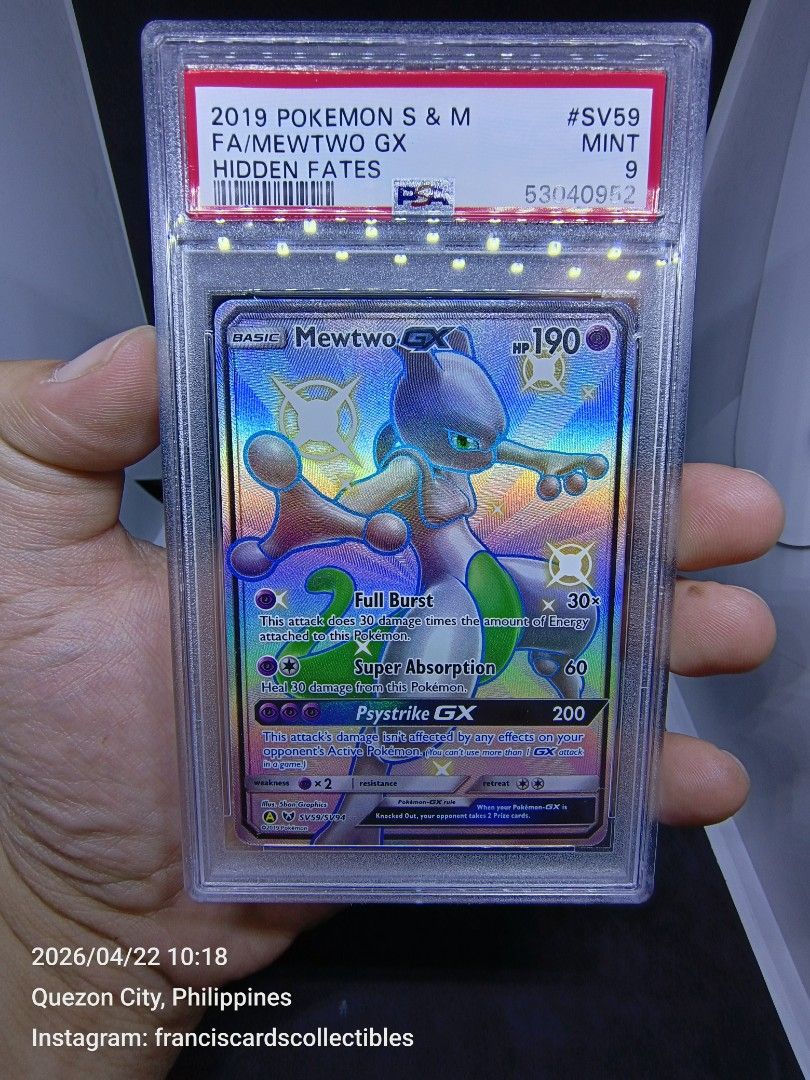 Pokemon Card - PSA 9 MEWTWO # SV59 - FULL ART (SUN & MOON: HIDDEN FATES) YEAR 2019 (Category: Raw Singles) located in Quezon City. Submitted by 710francis (Listing ID 1433597711, Image 2). Description: *8,388 Pesos *SUN & MOON: HIDDEN FATES / YEAR 2019 *PSA 9 (MINT) *MEWTWO # SV59 - FULL ART *JUST MESSAGE FOR MORE INQUIRIES....