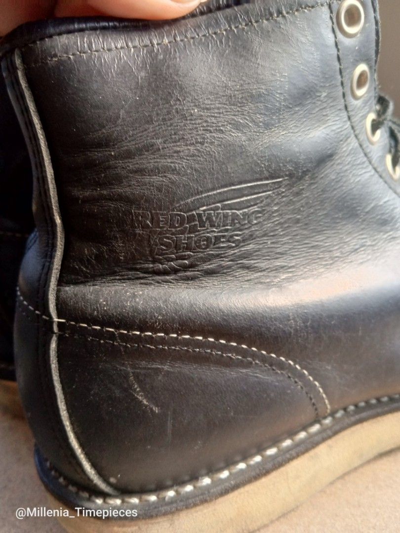 Red Wing Irish Setter Moc Toe Black Leather Boots (Category: Boots) located in Las Pinas. Submitted by millenia_timepieces (Listing ID 1433673478, Image 3). Description: - Red Wing moc toe boots -size 8US but runs a bit big - Black leather upper - Lace-up closure - White sole -overall 8/10 condition -normal wear and tear -all original - selling as is - Red Wing logo visible - Signs of wear on soles - Durable construction.
