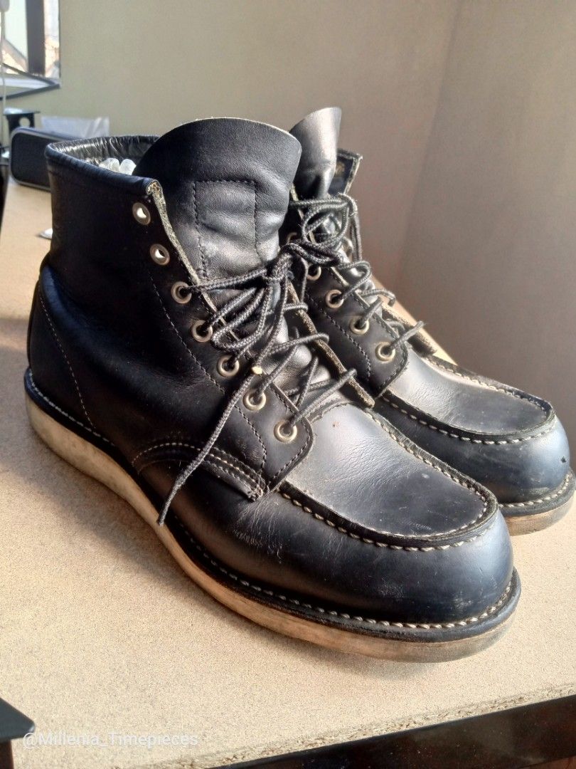 Red Wing Irish Setter Moc Toe Black Leather Boots (Category: Boots) located in Las Pinas. Submitted by millenia_timepieces (Listing ID 1433673478, Image 1). Description: - Red Wing moc toe boots -size 8US but runs a bit big - Black leather upper - Lace-up closure - White sole -overall 8/10 condition -normal wear and tear -all original - selling as is - Red Wing logo visible - Signs of wear on soles - Durable construction.