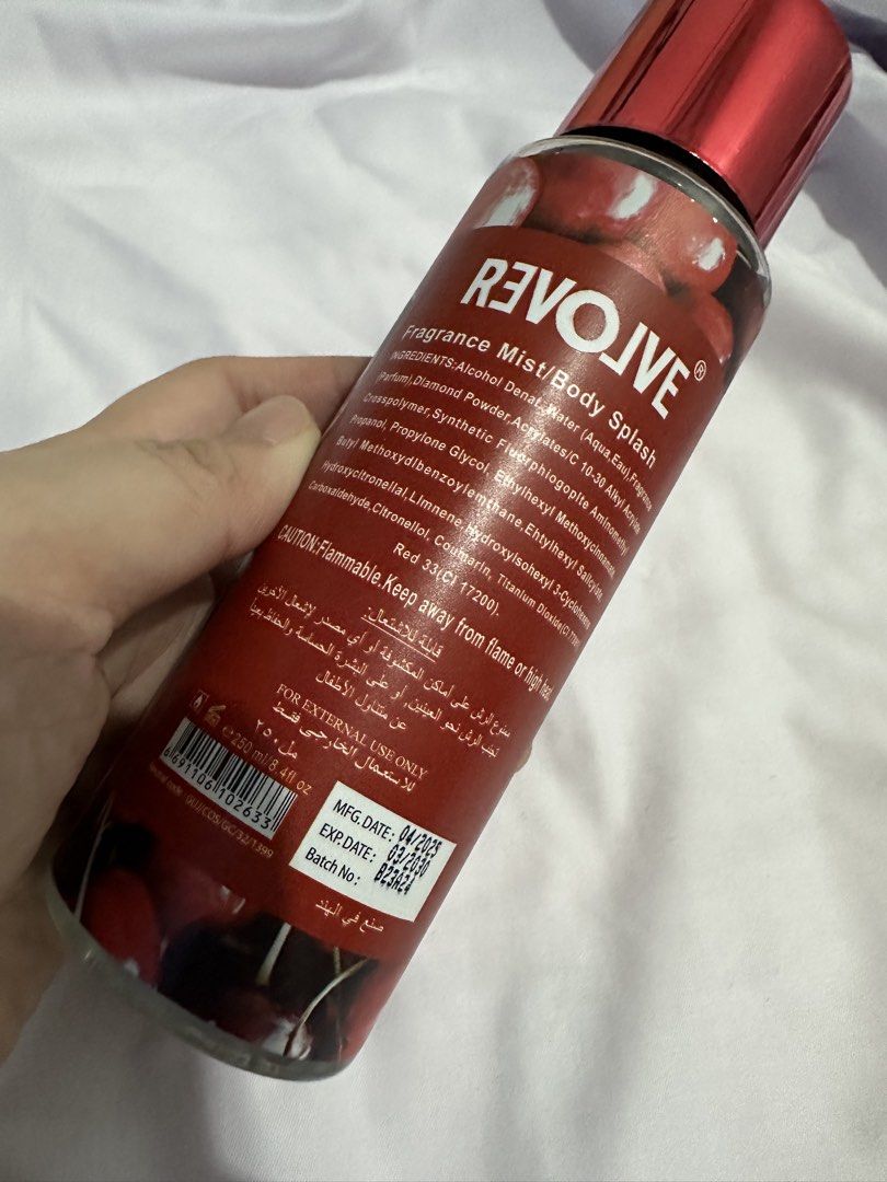 Revolve Cherry Kiss Body Splash (Category: Fragrance & Deodorants) located in Pasay City. Submitted by j9declutter (Listing ID 1433726282, Image 2). Description: Carousell Decluttering! Selling low!!! Pick-up via grab/move it/joyride/angkas/lalamove. Meet-up location: Lrt Edsa station NO COD! If in doubt, wag bumili 😁 You can pay thru BPi & Gcash only. Happy shopping! ❤️❤️❤️ - Revolve Cherry Kiss Body Splash - Scent: Cherry - Size: 250ml / 8.41 