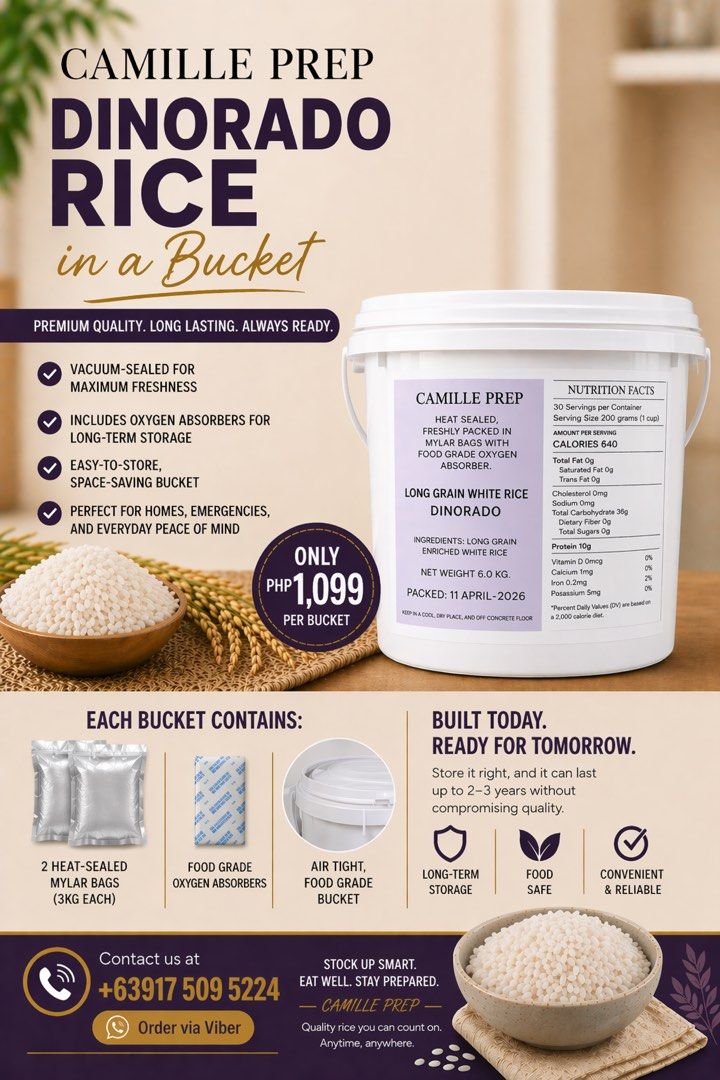 Rice in a Bucket! (Category: Rice & Noodles) located in Marikina City. Submitted by camilledep (Listing ID 1433686574, Image 1). Description: 6kg of Dinorado rice heat-sealed in two mylar bags (3kg each, or 15 cups of 200g) with food grade oxygen absorbers stored in an airtight bucket for long-term storage. If stored properly, it can last up to 2-3 years or even more, without worries of contamination or pest infestation. 🙏🏻.