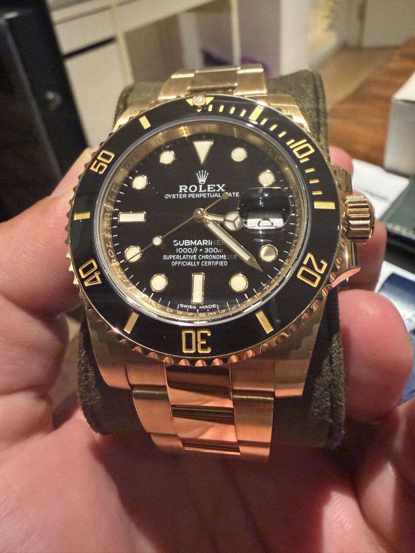 Rolex Submariner 2018 116618LN (Category: Watches) located in Singapore. Submitted by f80_guy (Listing ID 1433756727, Image 1). Description: - Rolex Submariner 40 full yellow gold black dial ceramic bezel - Model number 116618LN (2018) - Mint condition - Full set links box and cert with white tag - Selling cheapest in market $43,800 lowballers will be politely ignored :).