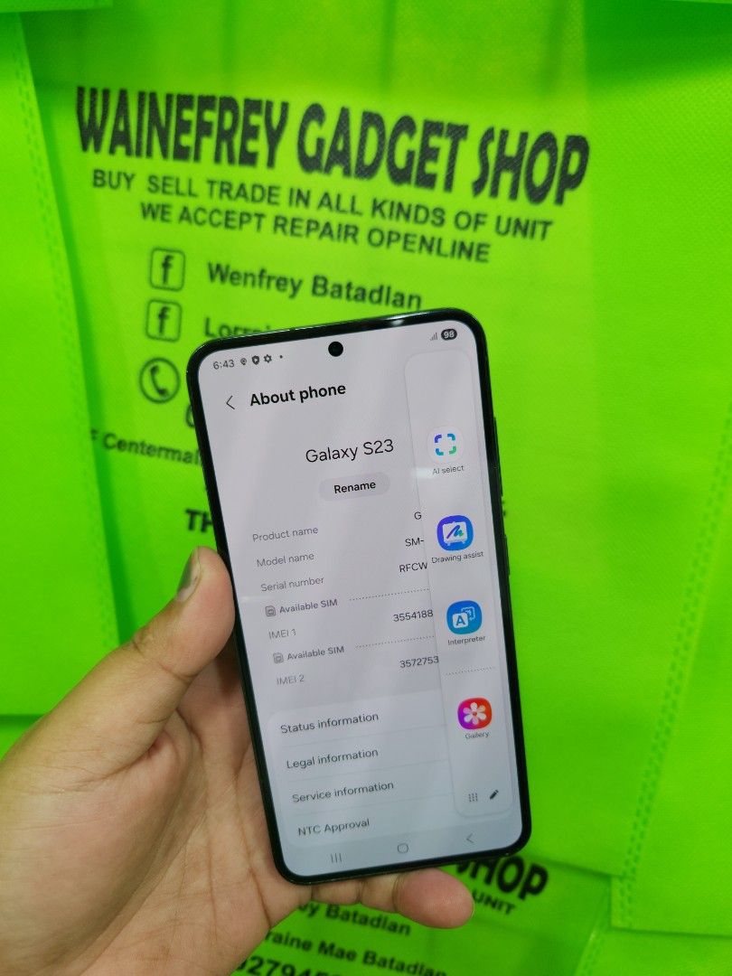 Samsung S23 8/128 (Category: Samsung) located in San Juan City. Submitted by wainefreygadgetshop (Listing ID 1433712152, Image 2). Description: SAMSUNG S23 8/128 (PLEASE SEARCH MO NALANG FULL SPECS) ALL GOODS AT WORKING GAMING PHONE SCREEN TESTED SIGNAL TEST CAMERA TESTED HONEST ISSUE ILALAGAY SA NOTE KUNG MERON MAN PARA AWARE KA! NOTE* *SEE POSTED PICTURES MAY SCRATCH di naman nakaka apekto sa SMOOTH performance. YAN LANG HONEST ISSUE THE REST W