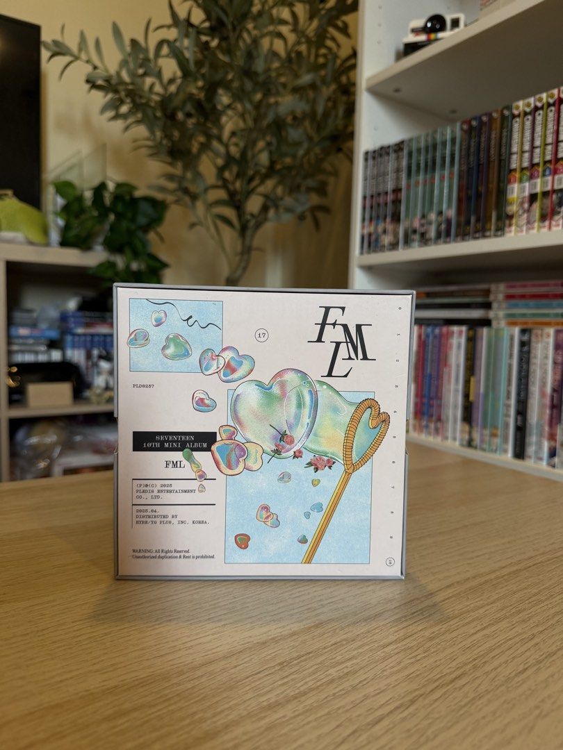 Seventeen FML 10th Mini Album UNSEALED (Category: K-Wave Merchandise) located in Quezon City. Submitted by rochichan (Listing ID 1433642559, Image 1). Description: - Seventeen FML 10th Mini Album - Includes album, photocards, and other inclusions - Features a bubble-themed album cover - Photo cards with member images - Album is in original packaging.