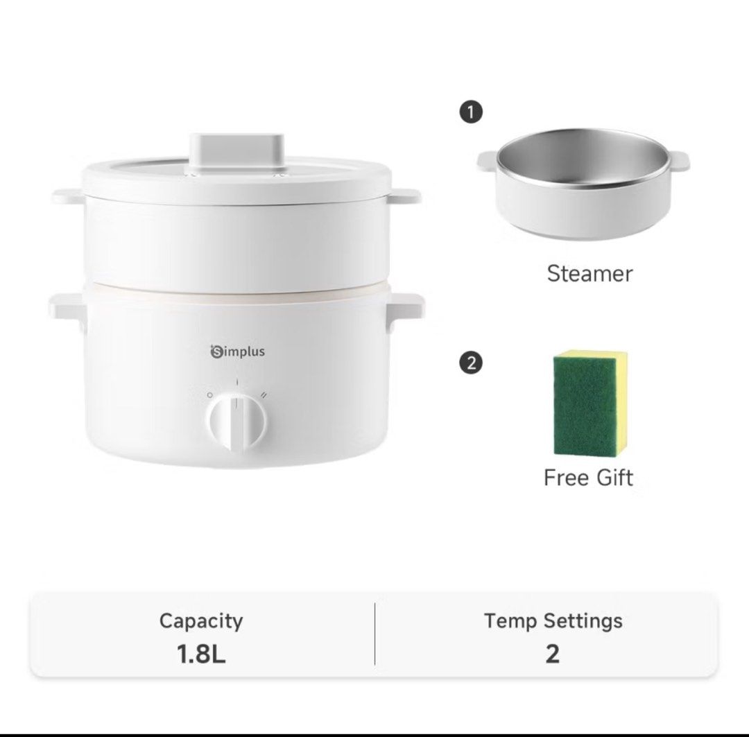 Simplus Multi-Functional Electric Cooker (Category: Cookers) located in Mandaluyong City. Submitted by theacart (Listing ID 1433736053, Image 2). Description: RFS: Wrong Order - 1.8L Multi-functional Electric Cooker - 304 Stainless Steel Steamer - Titanium Non-Stick Ceramic - 2 Temperature Settings - Elegant White Design - Includes a Free Gift!.