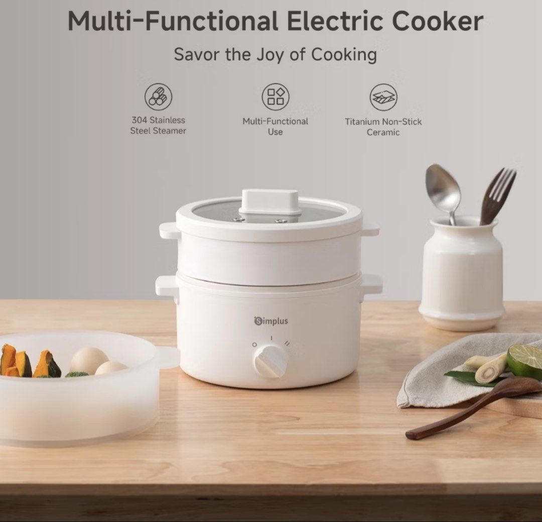 Simplus Multi-Functional Electric Cooker (Category: Cookers) located in Mandaluyong City. Submitted by theacart (Listing ID 1433736053, Image 1). Description: RFS: Wrong Order - 1.8L Multi-functional Electric Cooker - 304 Stainless Steel Steamer - Titanium Non-Stick Ceramic - 2 Temperature Settings - Elegant White Design - Includes a Free Gift!.