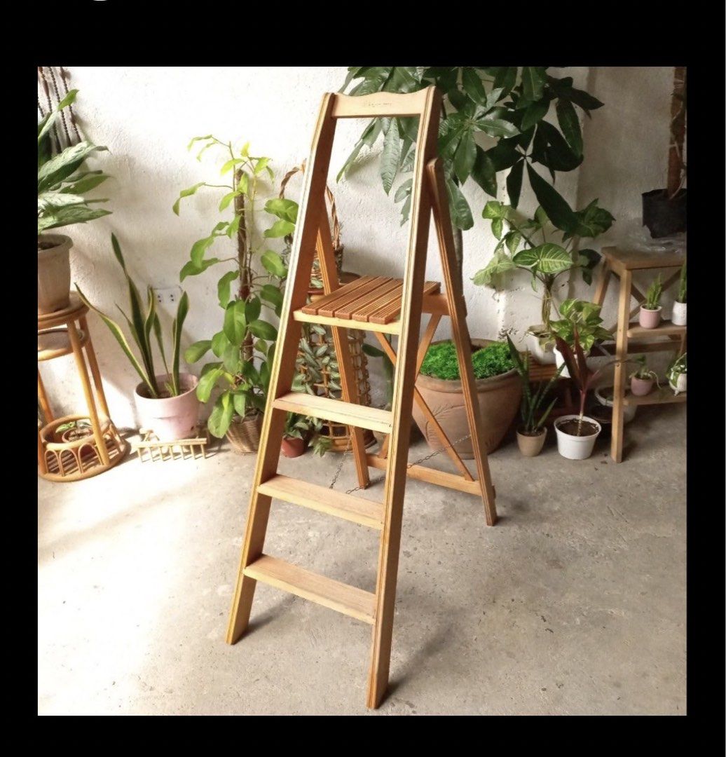 Wooden Folding Ladder (Category: Ladders & Steps) located in Paranaque City. Submitted by lilyandholly (Listing ID 1433661293, Image 1). Description: - Wooden folding ladder or plant display - Features a ladder design with multiple steps - Made of wood with a natural finish - Perfect for indoor and outdoor use.
