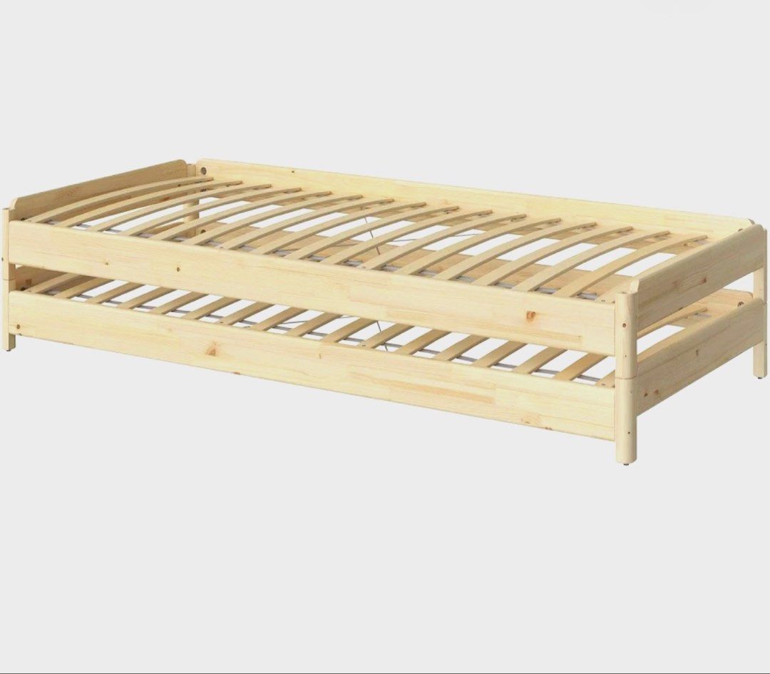 X2 stackable bed frames with mattresses (Category: Bed Frames & Mattresses) located in Singapore. Submitted by frenchymila (Listing ID 1433727353, Image 1). Description: Pick up 399939 - Converts to single or double bed - Made of solid wood - Sturdy and stylish design - Perfect for guest rooms or small spaces - Mattress not included $150 each (including mattress).