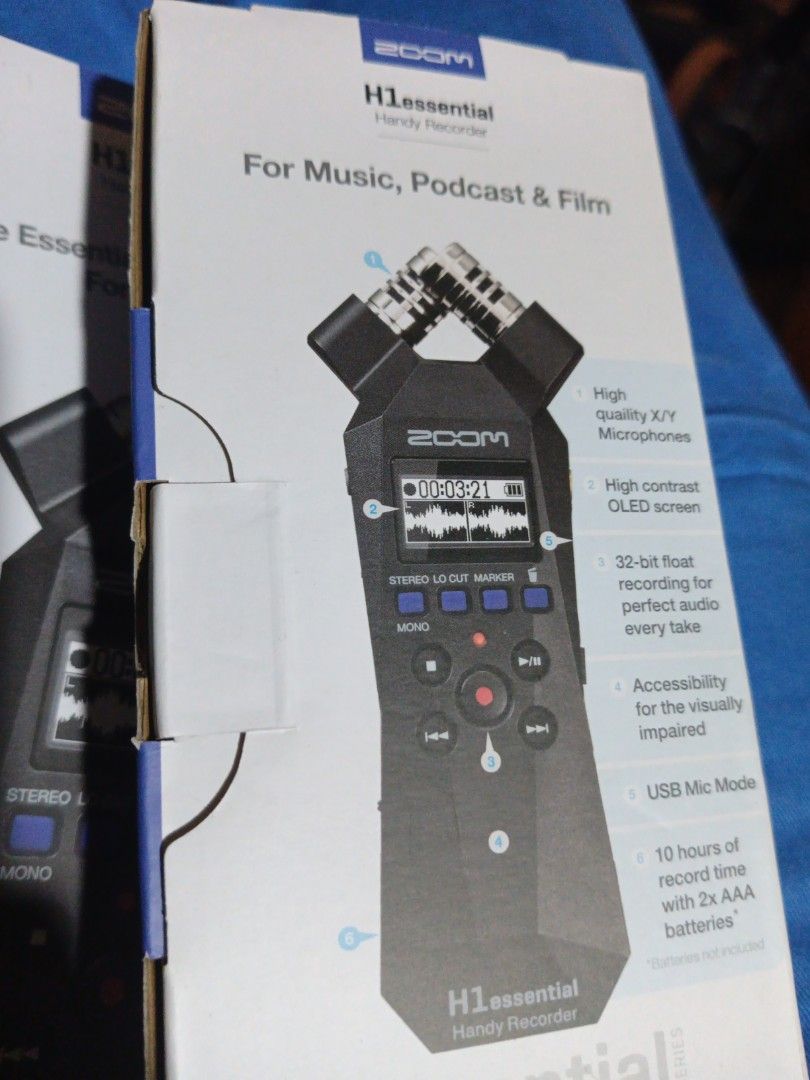 Zoom H1essential Handy Recorder (Category: Soundbars, Speakers & Amplifiers) located in Malabon City. Submitted by r0r0z (Listing ID 1433709811, Image 2). Description: - Zoom H1essential Stereo Recorder - High-quality X/Y microphones - 32-bit float recording for perfect audio - High-contrast OLED screen - Accessibility features for the visually impaired - USB mic mode - Up to 10 hours of recording with 2x AAA batteries.