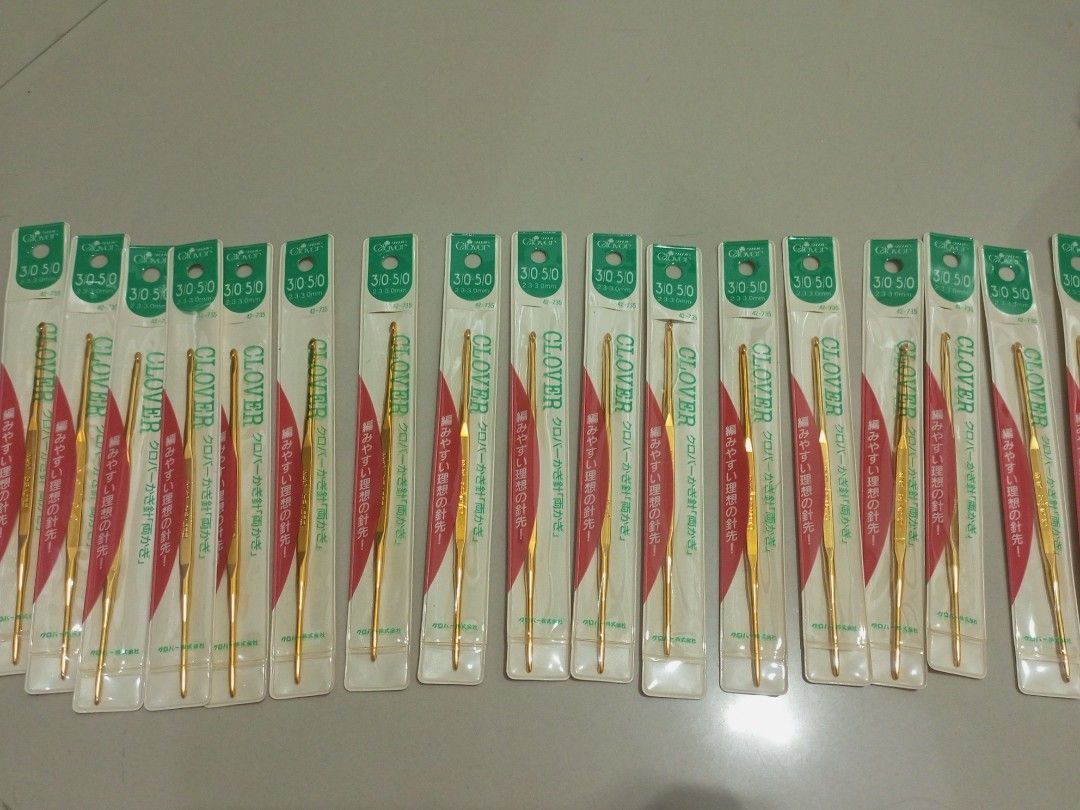 1 PIECE Clover Crochet Hook 3.0-5.0mm (Category: Craft Supplies & Tools) located in Manila. Submitted by kb_kg (Listing ID 1433789312, Image 1). Description: SOLD PER PIECE - Clover crochet hooks - Sizes: 3.0-5.0mm - Color: Gold - Brand new and unused - Packaging with Japanese text.