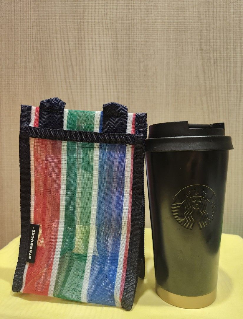 星巴克 茄 芷 袋 星巴克黑色條紋網布隨行杯袋星巴克黑色品牌網布隨形杯袋復古茄芷袋單杯提袋星巴克環保袋星巴克隨身小包
