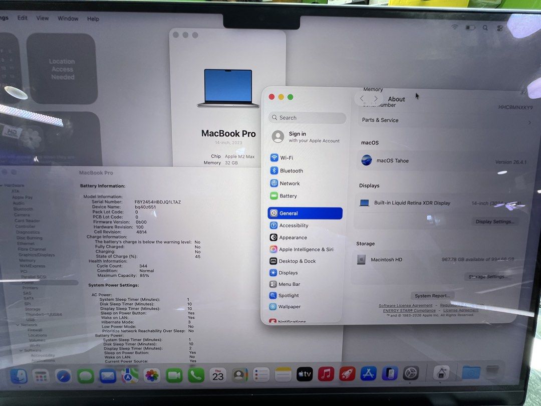 Apple MacBook Pro 14-inch M2 Max (Category: Laptops & Notebooks) located in Manila. Submitted by vaniextura (Listing ID 1433845379, Image 3). Description: - MacBook Pro 14-inch - M2 Max chip - 32GB Memory - 14-inch Liquid Retina XDR display - Battery Cycle Count: 344 - Battery Maximum Capacity: 85% - macOS Tahoe (version 26.4.1) - Available Storage: 967.78 GB of 994.46 GB -color silver .
