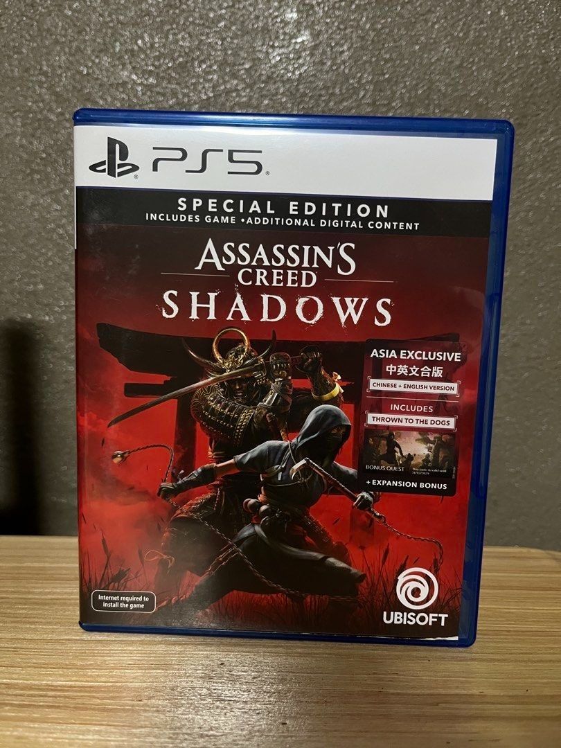 Assassin's Creed Shadows - PS5 Special Edition (Category: PlayStation) located in Manila. Submitted by fartstyles (Listing ID 1433846763, Image 1). Description: - Assassin's Creed Shadows for PS5 - Special Edition - Asia Exclusive Release - Includes the game and additional digital content - Features "Thrown to the Dogs" and an expansion bonus - Language Options: Chinese and English - Published by Ubisoft.