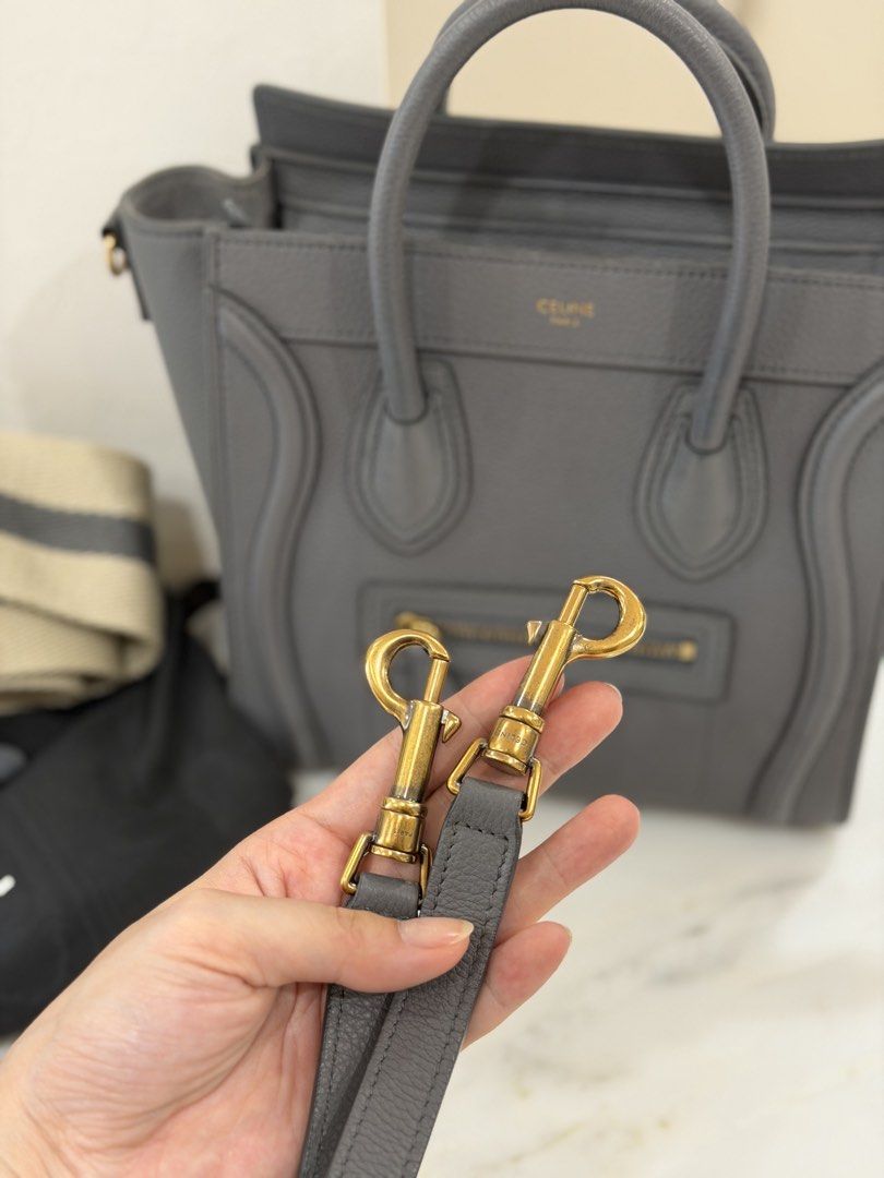 Celine Nano Luggage Bag Grey (Category: Luxury Bags & Wallets) located in Manila. Submitted by decluttersiris (Listing ID 1433802090, Image 3). Description: - Authentic Celine Nano Luggage bag - Color: Grey - Includes: Dust bag, detachable strap, and shopping bag - Features: Top handle, zip closure, and gold-tone hardware - Interior: Spacious for daily essentials - Style: Classic and chic.
