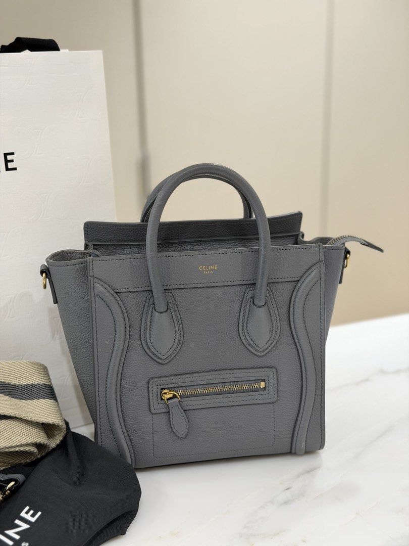 Celine Nano Luggage Bag Grey (Category: Luxury Bags & Wallets) located in Manila. Submitted by decluttersiris (Listing ID 1433802090, Image 2). Description: - Authentic Celine Nano Luggage bag - Color: Grey - Includes: Dust bag, detachable strap, and shopping bag - Features: Top handle, zip closure, and gold-tone hardware - Interior: Spacious for daily essentials - Style: Classic and chic.