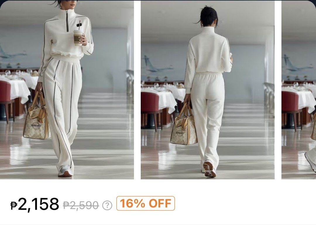 Selling Low! White Coord Set Tracksuit (Category: Sets or Coordinates) located in Cebu City. Submitted by itsmegeecebu (Listing ID 1433795677, Image 1). Description: - Stylish white tracksuit - High-neck zip-up top with black trim - Matching straight-leg pants with black trim -Top worn once. -Bottom was never used - Sale Price: ₱2,158 (Original Price: ₱2,590).