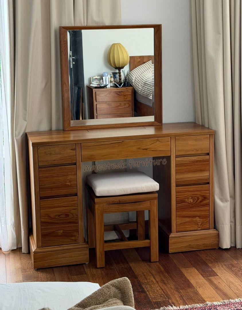 Dressing Table (Category: Tables & Sets) located in Petaling Jaya. Submitted by themajesteak.com (Listing ID 1433834821, Image 2). Description: This cozy vanity setup is all about warm tones, soft textures, and natural light. Wooden furniture, and an organized makeup station create a calm, aesthetic space perfect for slow mornings and self-care routines. Ideal inspiration for bedroom décor lovers who want a functional yet beautiful makeup corner.