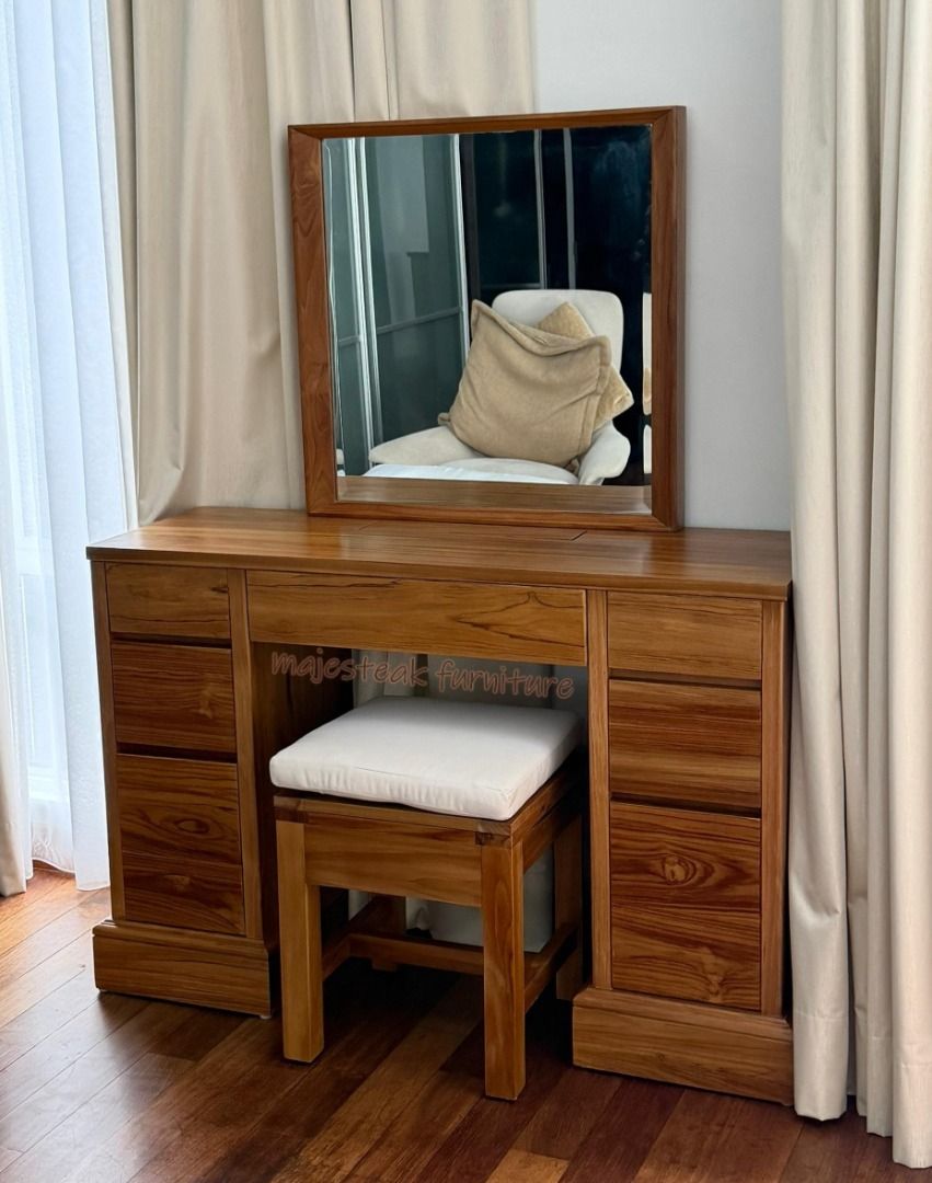 Dressing Table (Category: Tables & Sets) located in Petaling Jaya. Submitted by themajesteak.com (Listing ID 1433834821, Image 3). Description: This cozy vanity setup is all about warm tones, soft textures, and natural light. Wooden furniture, and an organized makeup station create a calm, aesthetic space perfect for slow mornings and self-care routines. Ideal inspiration for bedroom décor lovers who want a functional yet beautiful makeup corner.